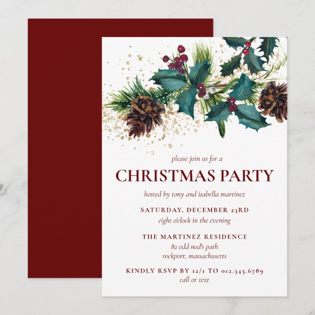 Invitation Rustic Holly et Berries fête de Noël botanique (Devant / Derrière)