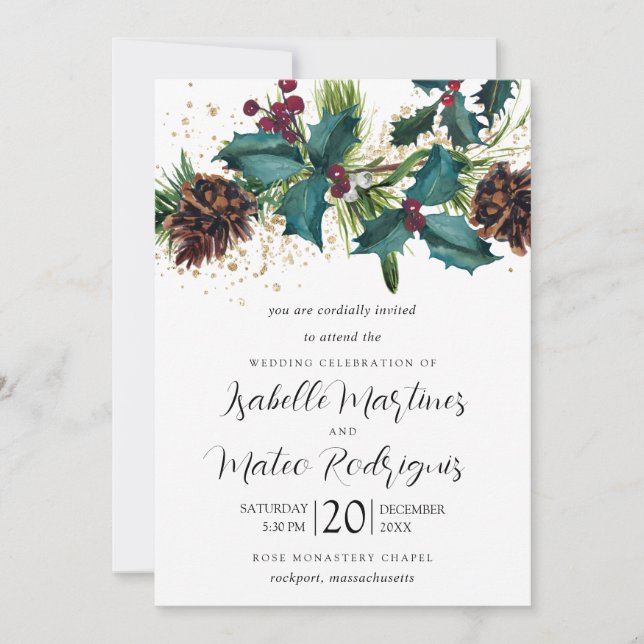 Invitation Rustic Holly et Berries Mariage botanique d'hiver (Devant)