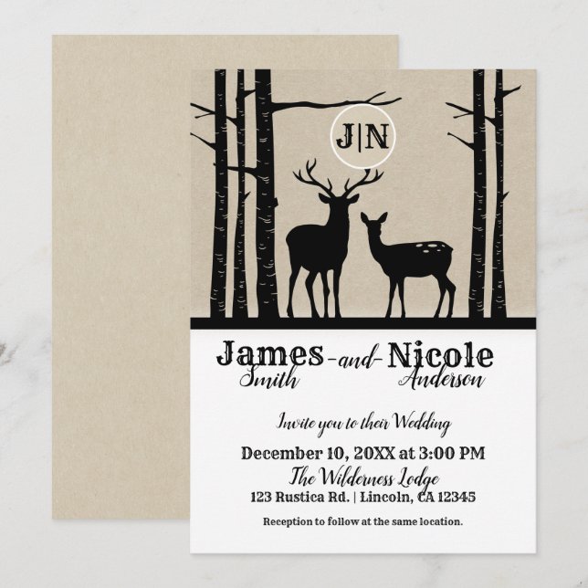 Invitation Rustic Homme & Femme Doe Deer Black Birch Mariage (Devant / Derrière)