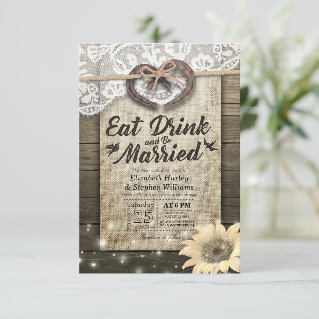 Invitation Rustic Horseshoe Lace EAT Boire Soyez Marié Mariag (Debout devant)