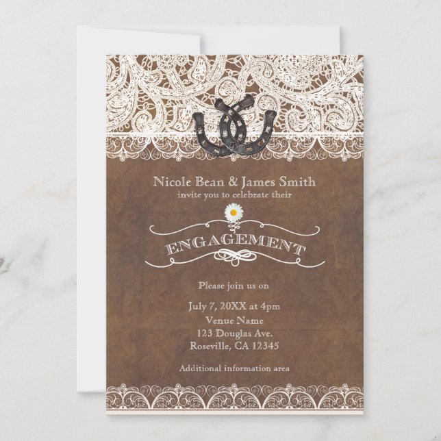 Invitation Rustic Horseshoes & Lace Country FIANÇAILLES (Devant)