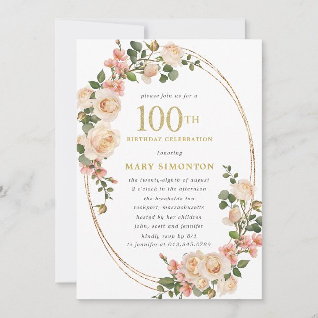 Invitation Rustic Ivory White Rose 100e fête d'anniversaire (Devant)
