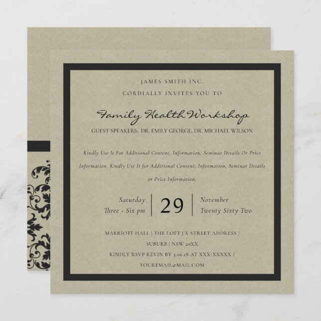 INVITATION RUSTIC KRAFT BLACK DAMASK ÉVÉNEMENT CLASSIQUE D'AT (Devant / Derrière)