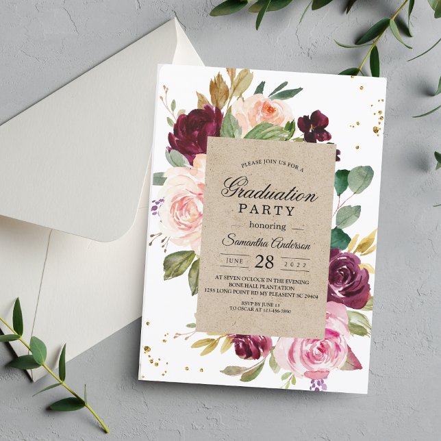 Invitation Rustic Kraft & Burgundy Floral Graduation Party (Créateur téléchargé)