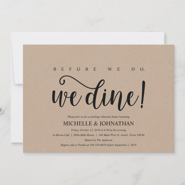 Invitation Rustic Kraft Mariage Dîner de répétition Invitatio (Devant)