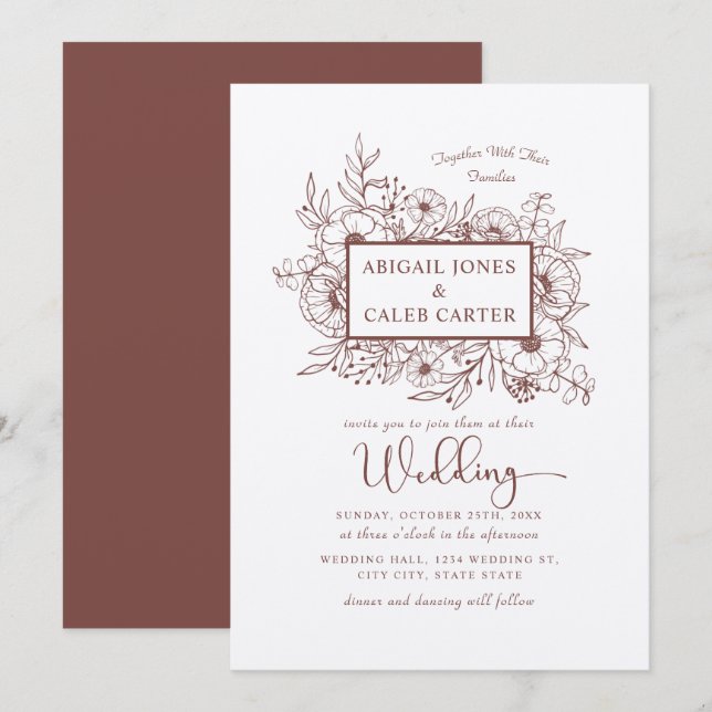 Invitation Rustic Kraft Papier Floral Croquis Mariage Invitat (Devant / Derrière)