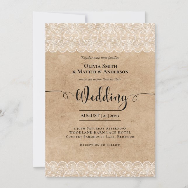 Invitation Rustic Lace Farmhouse Pays Barne Mariage (Devant)