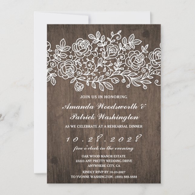 Invitation Rustic Lace Grange Dîner de répétition en bois Inv (Devant)