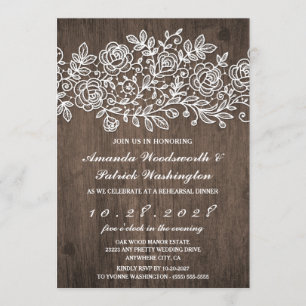 Invitation Rustic Lace Grange Dîner de répétition en bois Inv