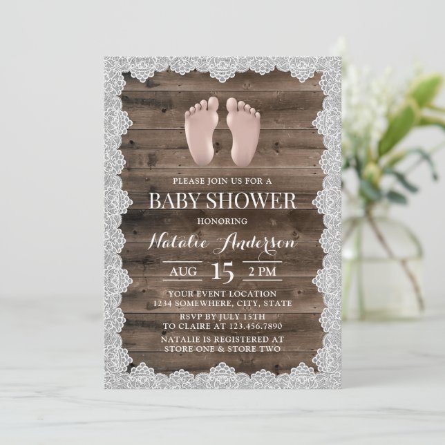 Invitation Rustic Laced Grange Bois Baby shower pieds bébé (Debout devant)