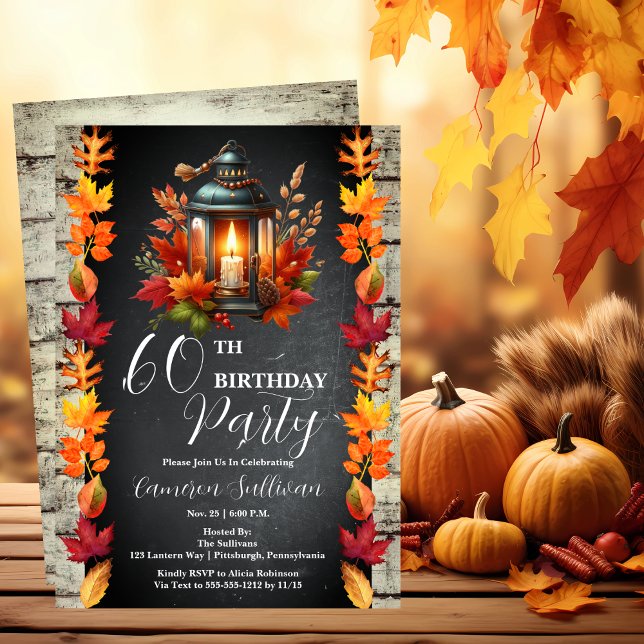 Invitation Rustic Lantern et Feuille Automne 60e fête d'anniv (Candlelit Lantern and Fall | Autumn Leaves 60th Birthday Party Celebration Invitation)