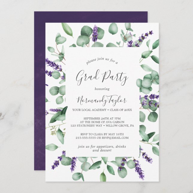 Invitation Rustic Lavender et Eucalyptus Graduation Party (Devant / Derrière)