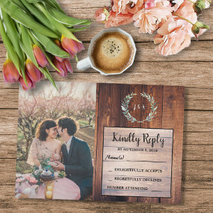 Invitation Rustic leaves on wood monogram photo Wedding RSVP