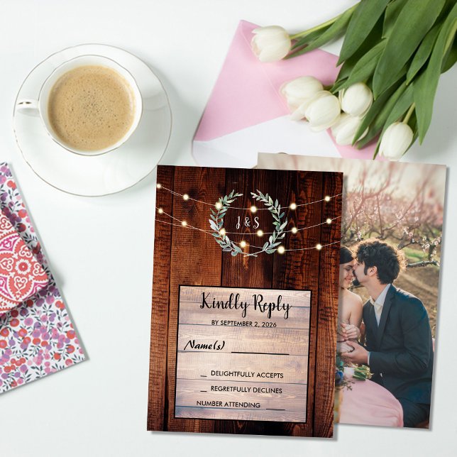 Invitation Rustic leaves wood string lights Wedding RSVP  (Rustic leaves wood string lights Wedding RSVP Invitation. You can add your own photo and text,)