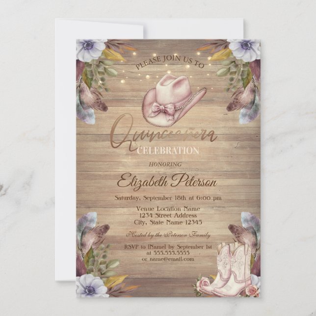 Invitation Rustic Lights,Tiara,Lace Pumpkin Flowers Sweet 16 (Devant)