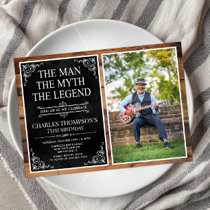 Invitation Rustic Man Myth Légende Black 75th Birthday Photo