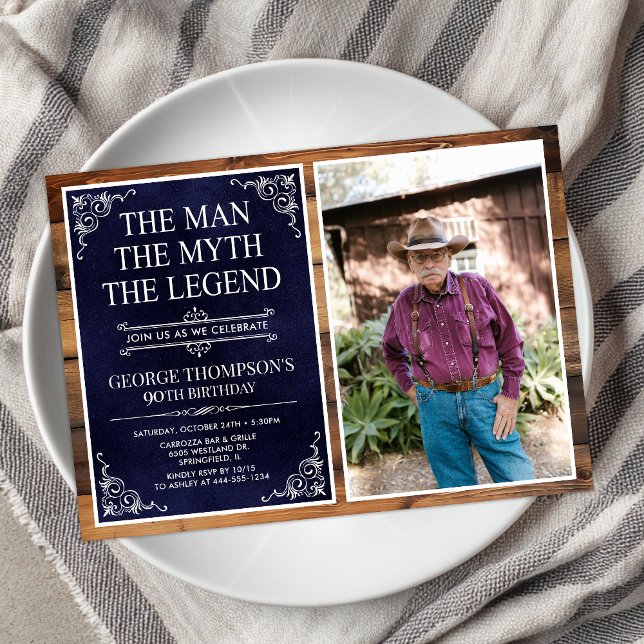 Invitation Rustic Man Myth Légende Bleu 90ème anniversaire Ph (Créateur téléchargé)