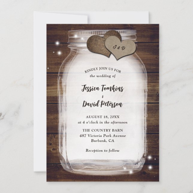 Invitation Rustic Mason Jar Burlap Coeurs Grange Mariage en b (Devant)
