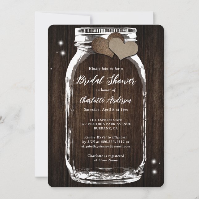 Invitation Rustic Mason Jar Burlap Fête des mariées en bois d (Devant)