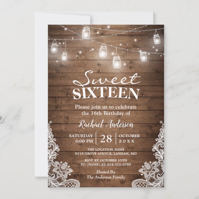 Invitation Rustic Mason Jar Lights Sweet 16 Anniversaire Fête (Devant)