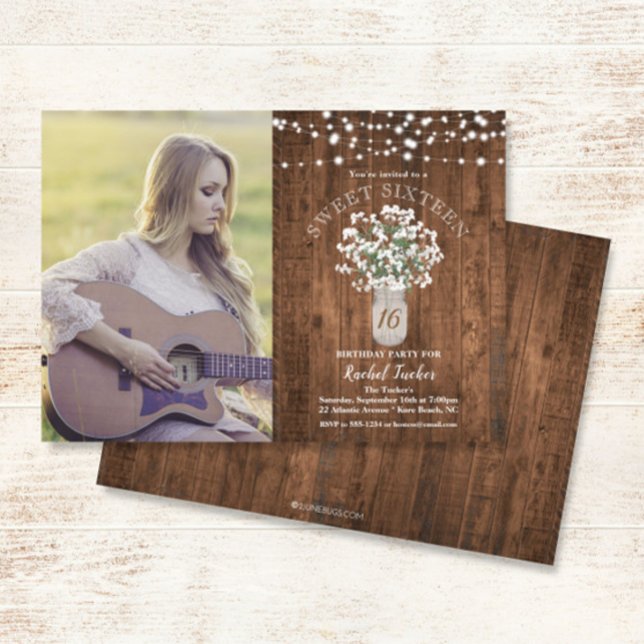 Invitation Rustic Mason Jar Lights Sweet 16 Anniversaire Phot (Créateur téléchargé)