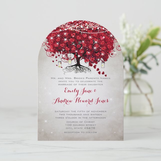 Invitation Rustic Mason Jar Mariage de feuilles de coeur roug (Debout devant)