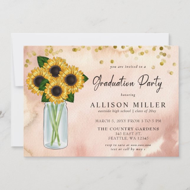 Invitation Rustic Mason Jar Sunflowers Photo Graduation (Devant)
