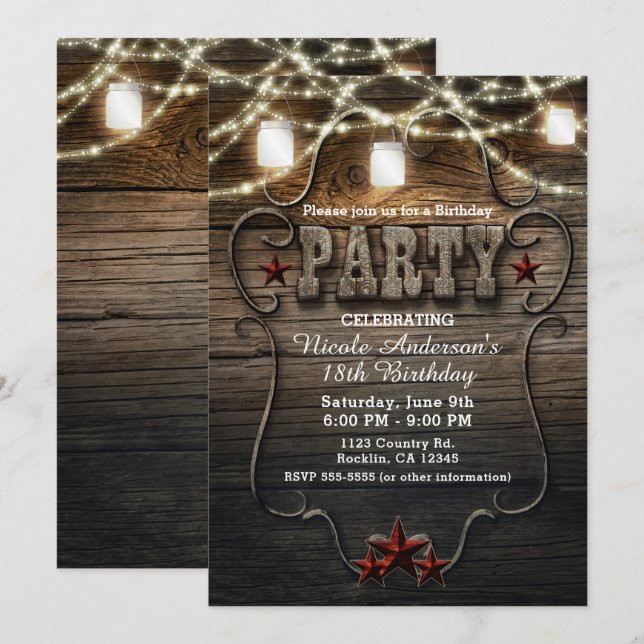 Invitation Rustic Mason Jarres, Lumières & Bois Fête d'annive (Devant / Derrière)