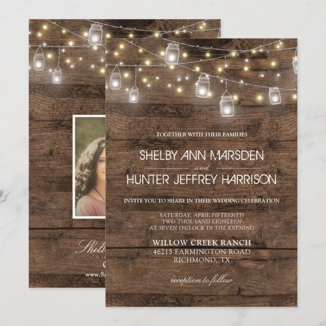 Invitation Rustic Mason Jars Éclairage à cordes Mariage photo (Devant / Derrière)