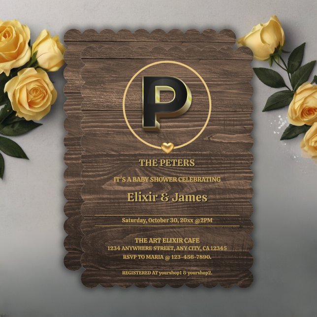 Invitation Rustic Met Gold Heart Monogramme Famille Baby show (Créateur téléchargé)