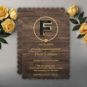 Invitation Rustic Met Gold Heart Monogramme Famille Baby show