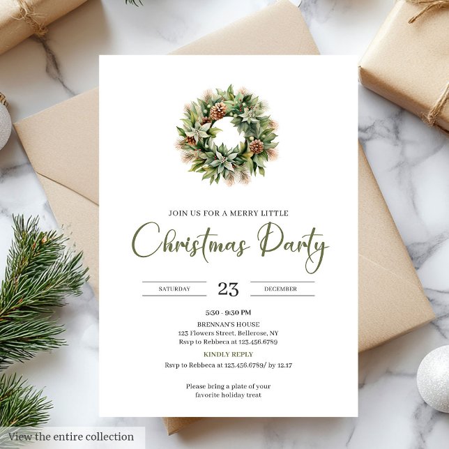 Invitation Rustic Minimal Sage Ivory Christmas Wreath (Rustic Minimal Sage Ivory Christmas Party)