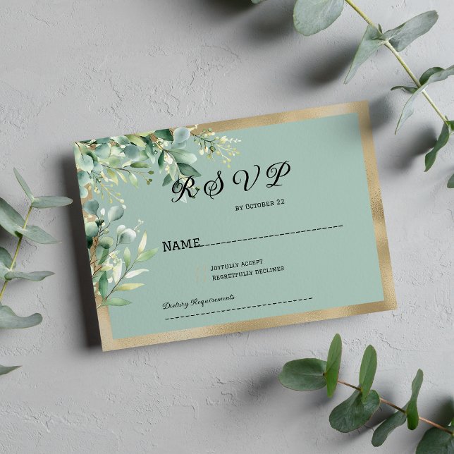 Invitation Rustic mint gold eucalyptus olive leaves RSVP (Rustic mint gold eucalyptus olive leaves RSVP)