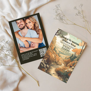 Invitation Rustic Mountain Forest Code QR Mariage À feuillage