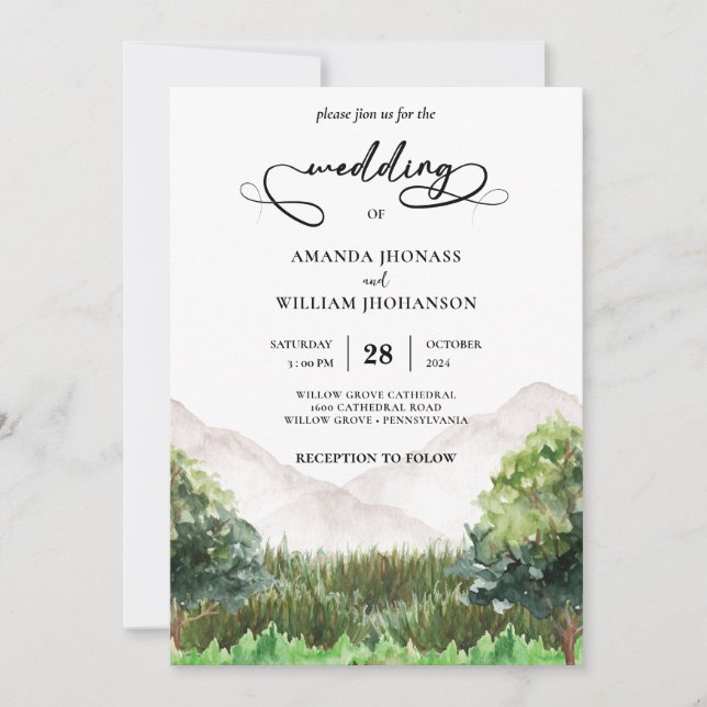 Invitation Rustic Mountain Forest Evergreen Tree Wedding (Devant)