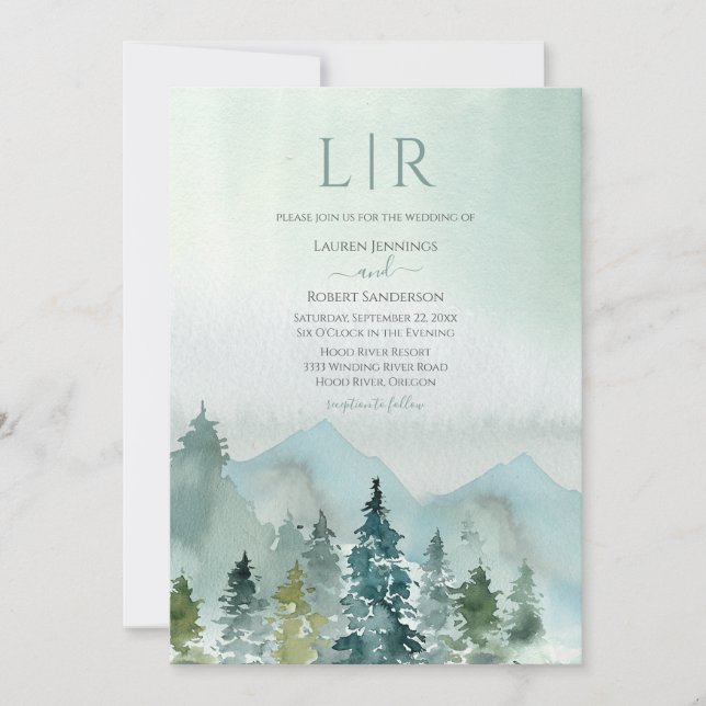 Invitation Rustic Mountain Forest Evergreen Tree Wedding (Devant)
