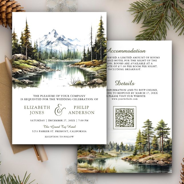 Invitation Rustic Mountain Forest Lake Code QR Mariage (Créateur téléchargé)