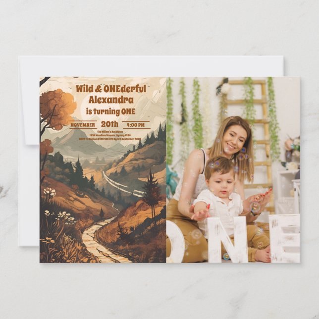 Invitation Rustic Mountain Forest Photo 1er anniversaire (Devant)