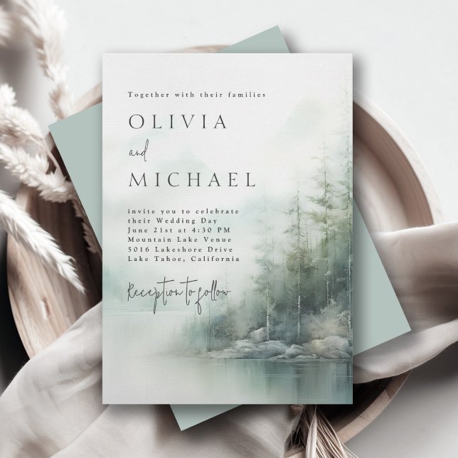 Invitation Rustic Mountain Lake Misty Pines Modern Wedding (Available in both printed and instant download digital formats.)