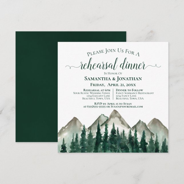 Invitation Rustic Mountain & Pine Mariage Répétition & Dîner (Devant / Derrière)