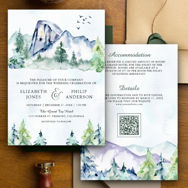 Invitation Rustic Mountain Pine Trees Forêt QR Code Mariage (Créateur téléchargé)