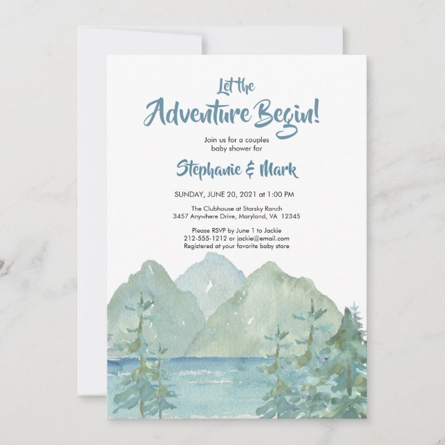 Invitation Rustic Mountains Watercolor Baby shower d'aventure (Devant)