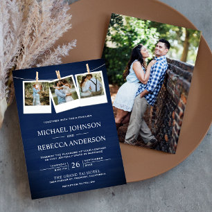 Invitation Rustic Navy Blue Barn Wood Photo Collage Wedding