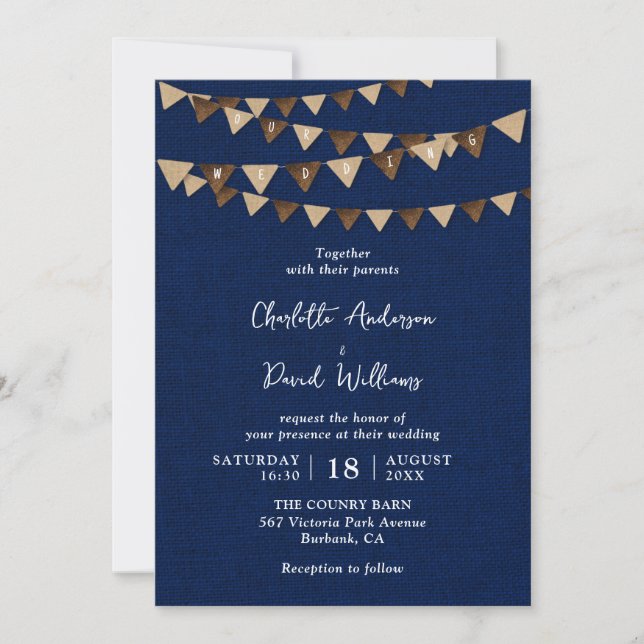 Invitation Rustic Navy Blue Burlap Bunlap Mariage (Devant)