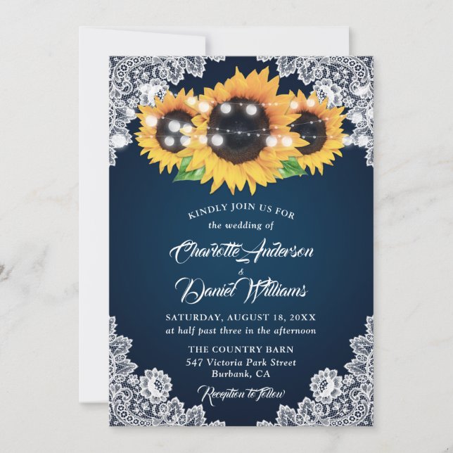 Invitation Rustic Navy Blue Burlap Lace Sunflower Wedding (Devant)
