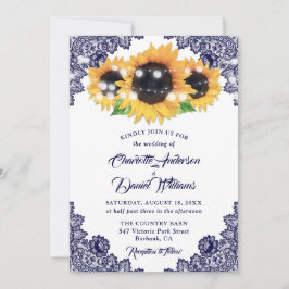 Invitation Rustic Navy Blue Floral Lace Sunflower Wedding