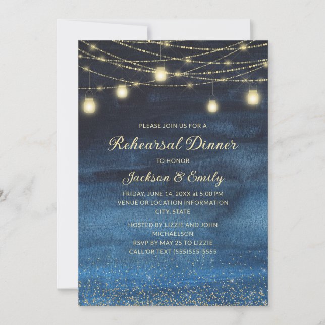 Invitation Rustic Navy Blue Gold String Lights (Devant)