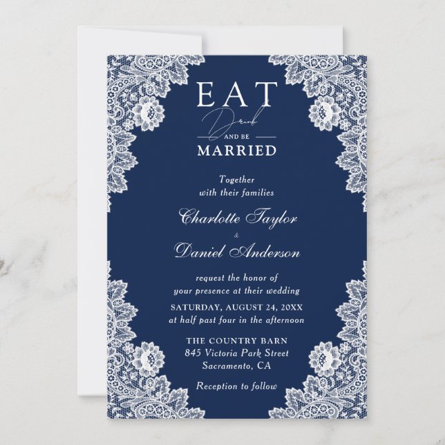Invitation Rustic Navy Blue Manger Boire et être marié Mariag (Devant)