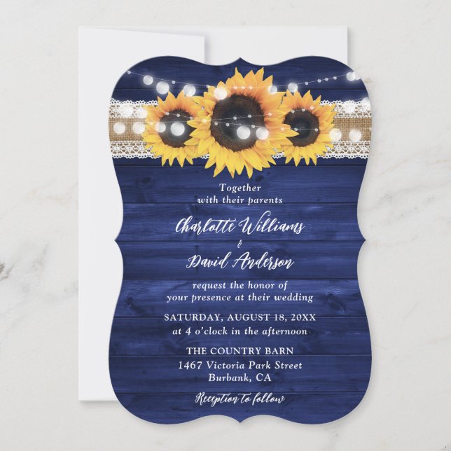 Invitation Rustic Navy Blue Sunflower Wood Wedding (Devant)