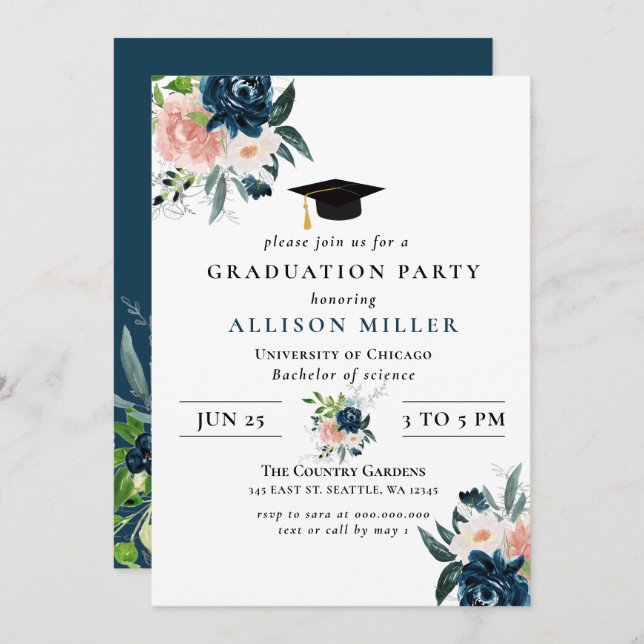 Invitation Rustic Navy Blush Floral Botanical Graduation (Devant / Derrière)
